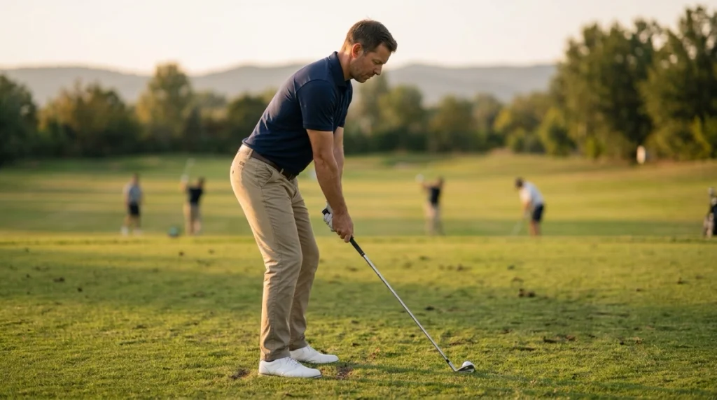 Golfer setting up with balanced posture before starting a backswing for irons