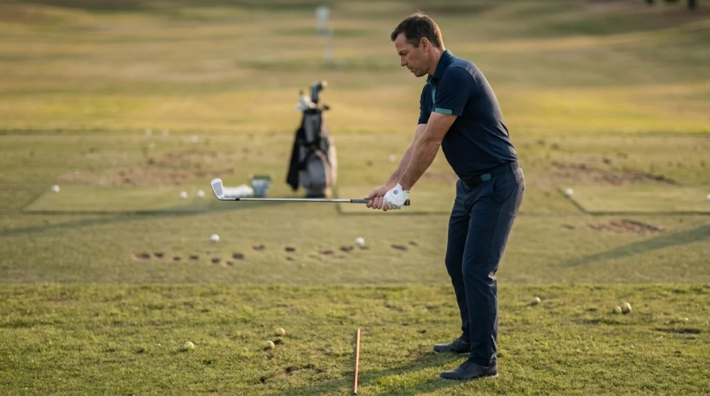 Backswing FAQ golfer rehearsing a smooth waist-high takeaway with controlled clubface and body turn