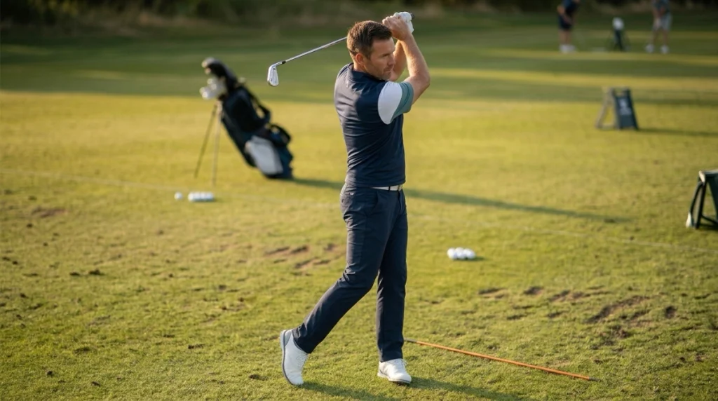 Golfer practicing a compact backswing with chest rotation, trail hip turn, and controlled hands