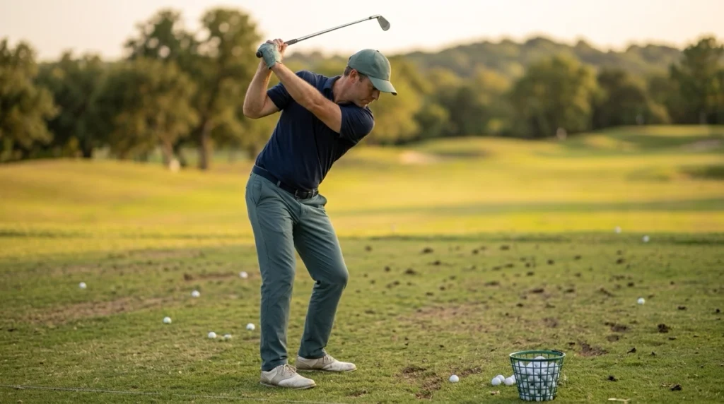 Golfer practicing a full backswing with balanced setup, rotation, wrist hinge, and stable trail side.