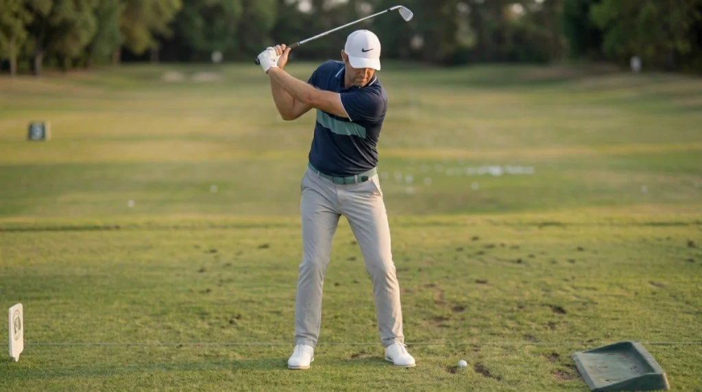 Golfer starting downswing with pressure moving to lead foot and hips beginning to rotate