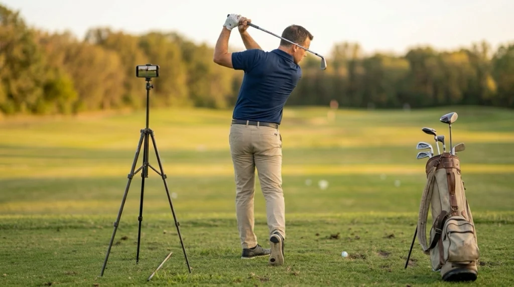 Golfer recording Top of Backswing practice with a smartphone during controlled three-quarter swings