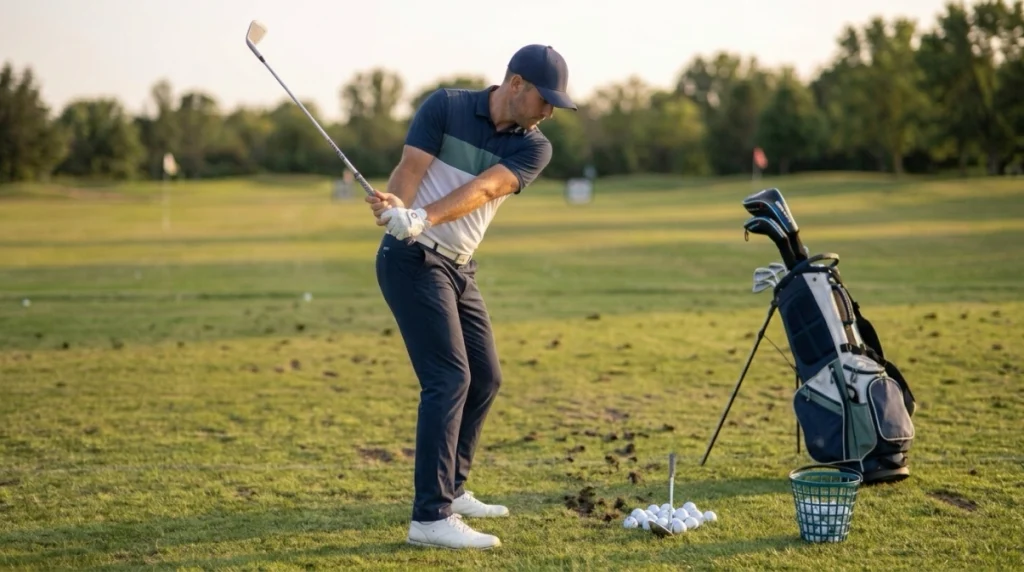 Golfer practicing backswing tempo with driver, mid-iron, and wedge on a real grass range