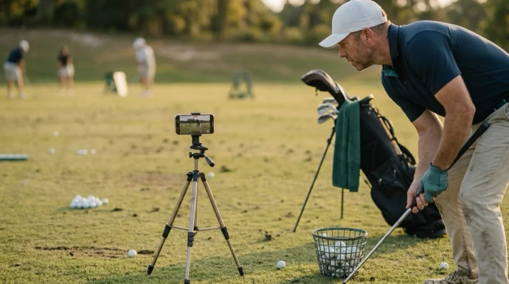 Golfer reviewing phone video at the range to identify and fix backswing mistakes.