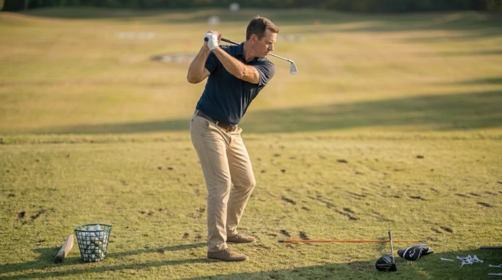 Golfer practicing a backswing for driver rotation drill with training aids at the range.