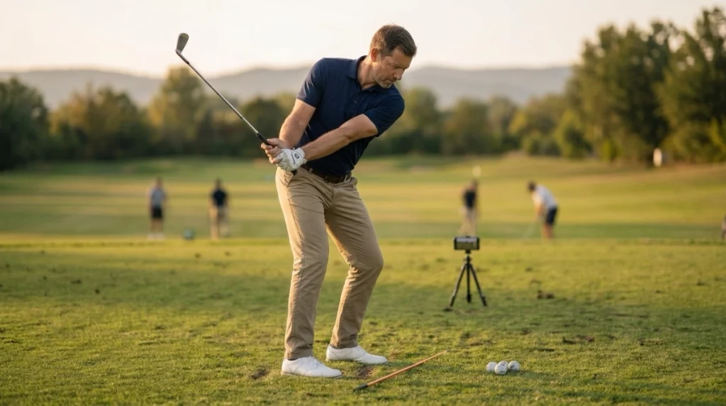 Golfer practicing a backswing for irons with a 7-iron, phone tripod, and alignment stick