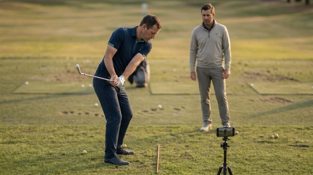 Backswing FAQ golfer using an alignment stick and phone video to diagnose an inside takeaway