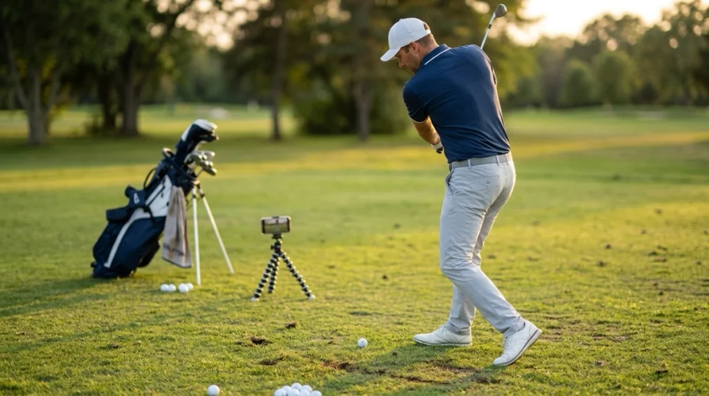Golfer practicing Downswing Basics with a step-through drill and phone swing recording