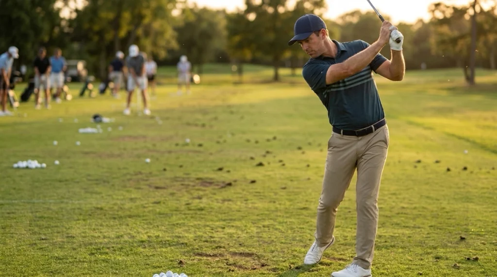 Transition guide scene of a golfer moving pressure left before the arms accelerate