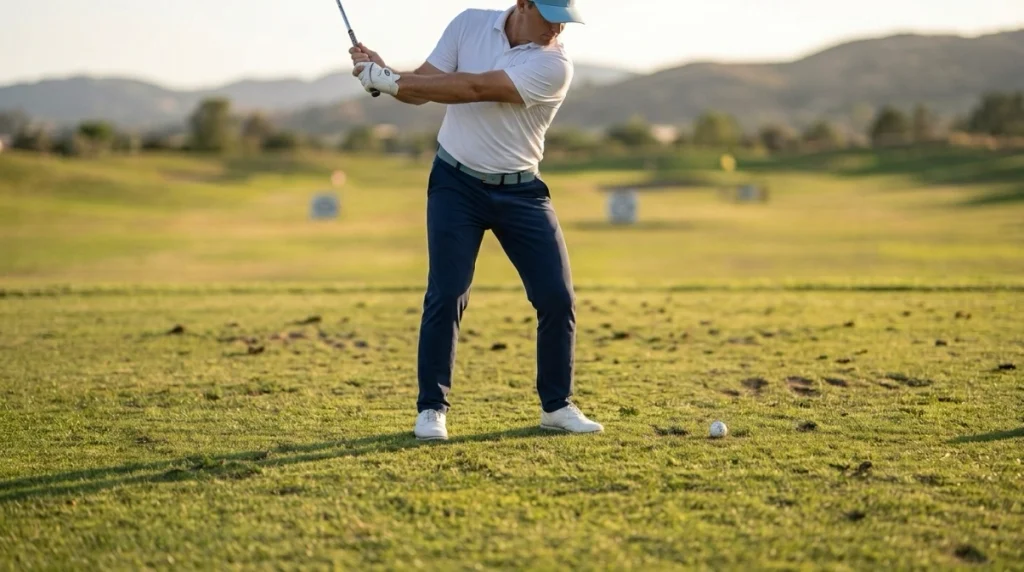 Golfer demonstrating weight shift to the lead foot during early downswing transition