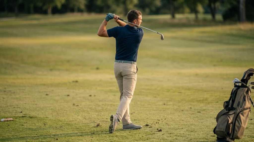 Golfer showing balanced hip rotation in a backswing with the trail hip moving behind the body