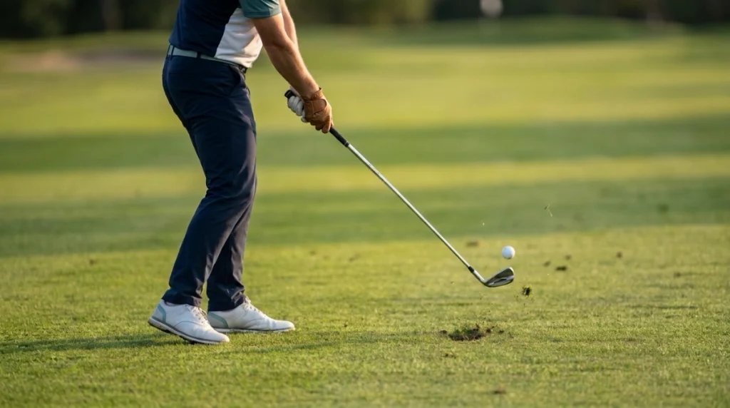 Proper golf impact position with open hips, forward hands, stable wrists, and lead-side pressure.