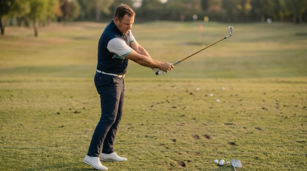 Golfer showing progressive release in golf from impact into early arm extension