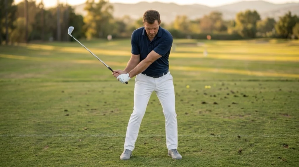 Lag explained with golfer showing the clubhead trailing the hands during early downswing.