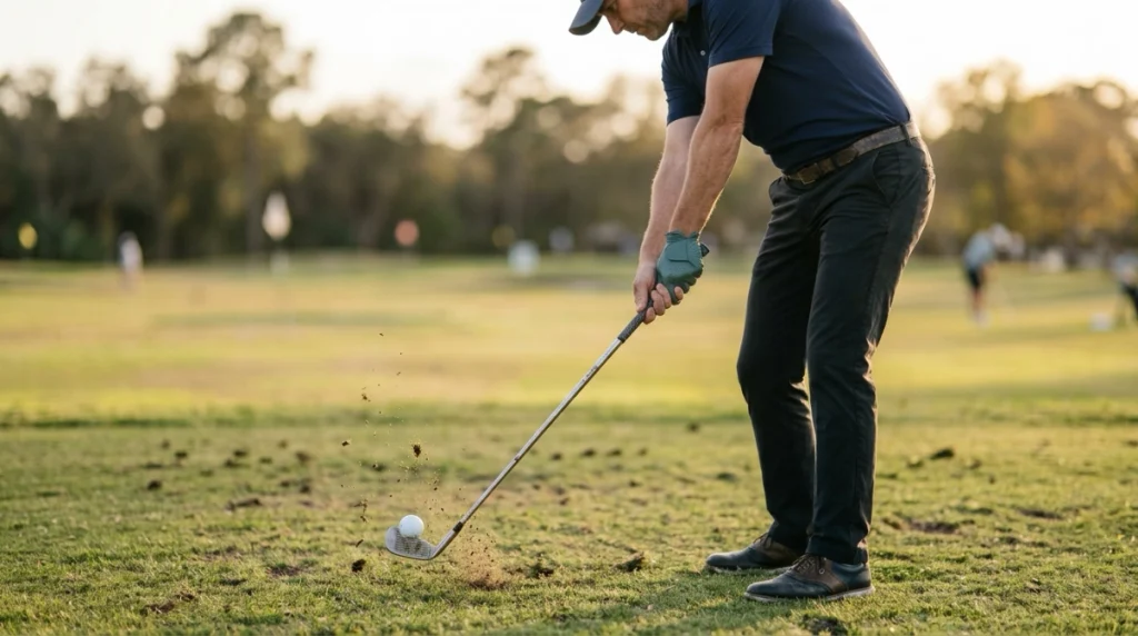 Compression Explained with golfer showing forward low point, shaft lean, and centered iron contact