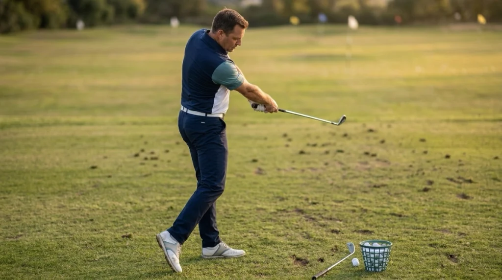 Golfer performing step-through downswing drills with a short iron at an outdoor range.