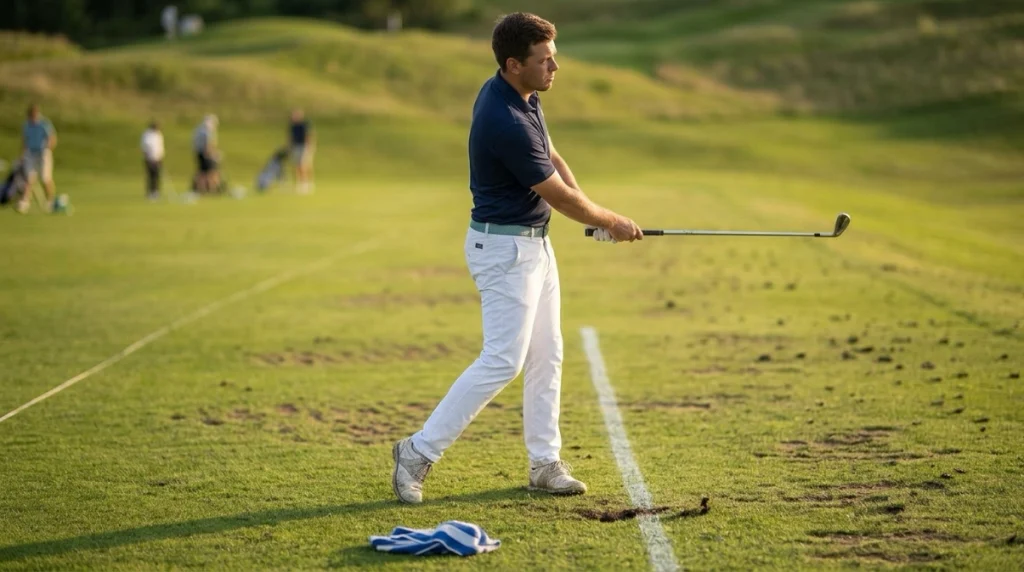 Golfer using impact drills and a ground line to practice ball-first iron contact.