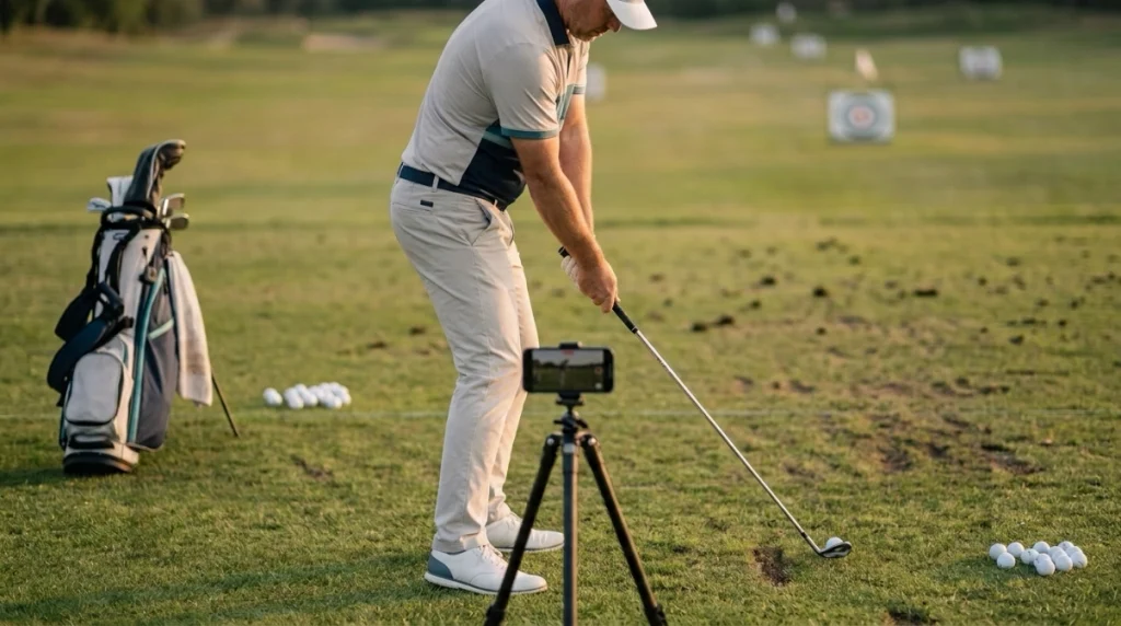 Golfer recording a down-the-line swing to check Early Extension and hip movement