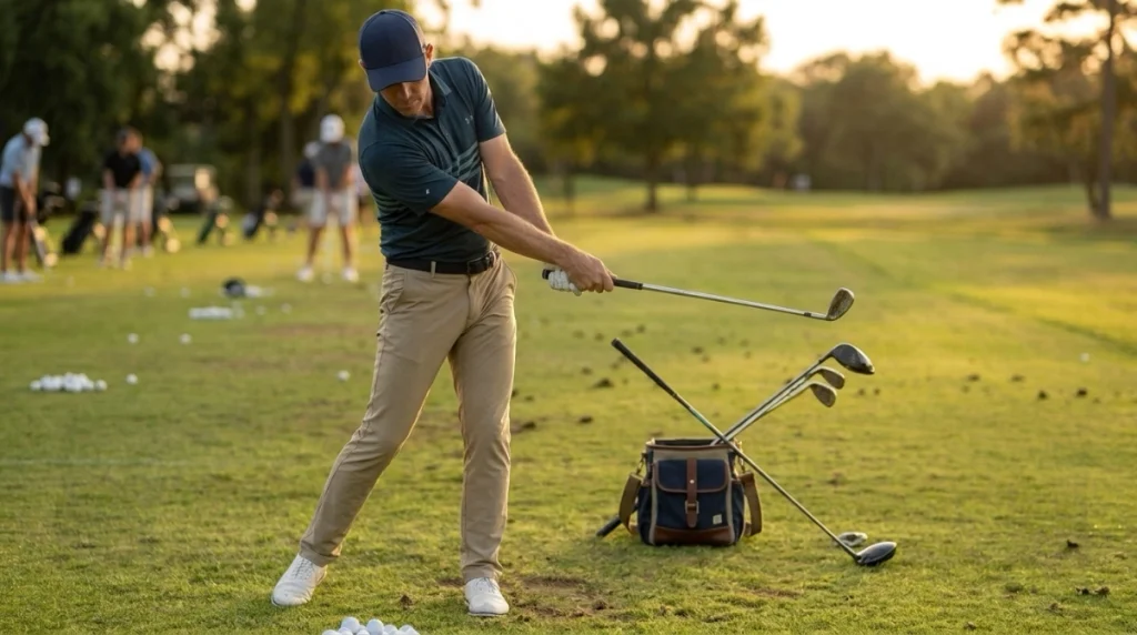 Transition guide scene comparing golf downswing sequencing with driver, iron, and wedge