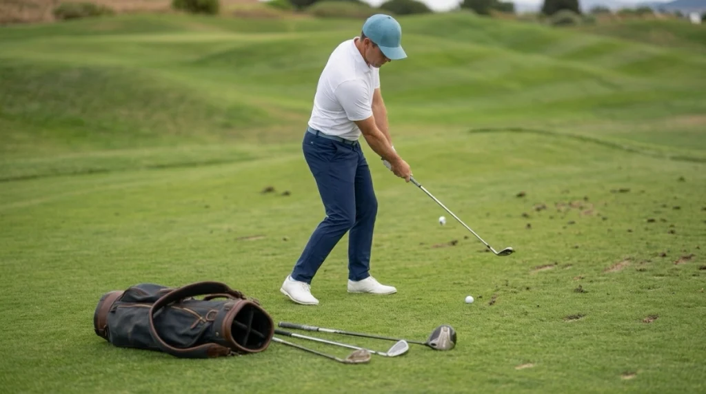 Golfer practicing weight shift with driver, iron, and wedge on a natural grass practice area