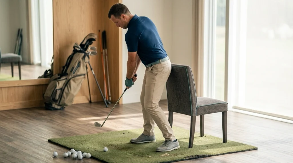 Golfer practicing hip rotation with a chair drill to keep the trail hip deep during the backswing