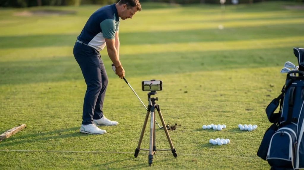 Golfer practicing impact position with face-on phone video, turf feedback, and grouped practice balls.