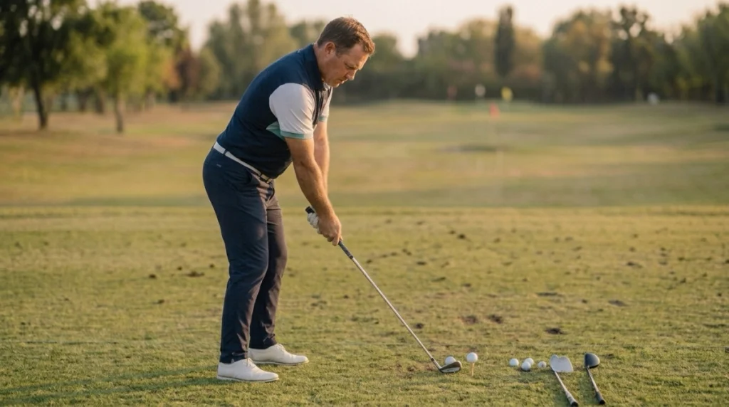 Driver, iron, and wedge setup showing how release in golf changes by club