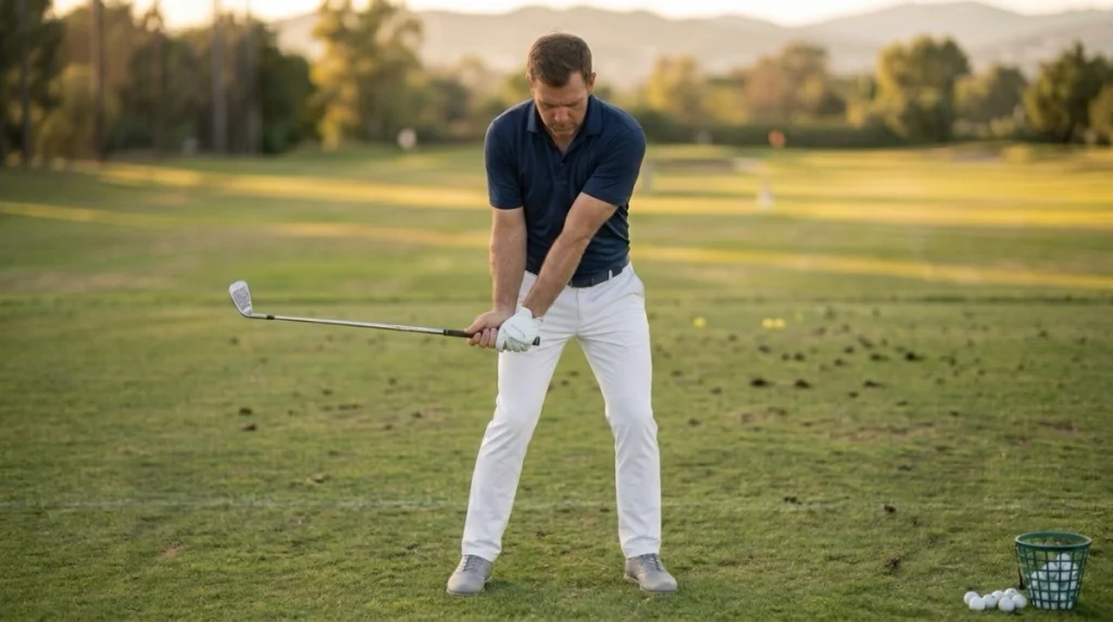 Lag explained with golfer practicing a split-hand drill using a short iron on the range.