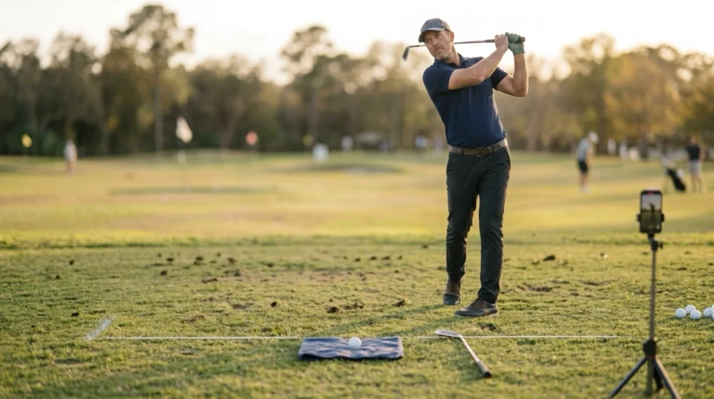 Compression Explained practice session using line drill, towel, face spray, video, and ball flight