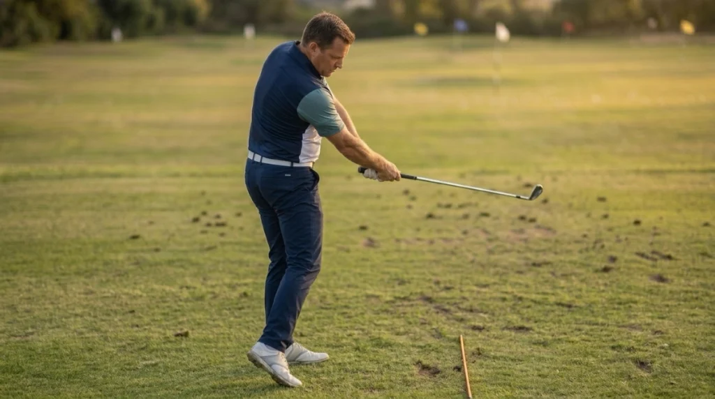 Golfer using controlled downswing drills to avoid over-the-top movement, sliding, and forced lag.
