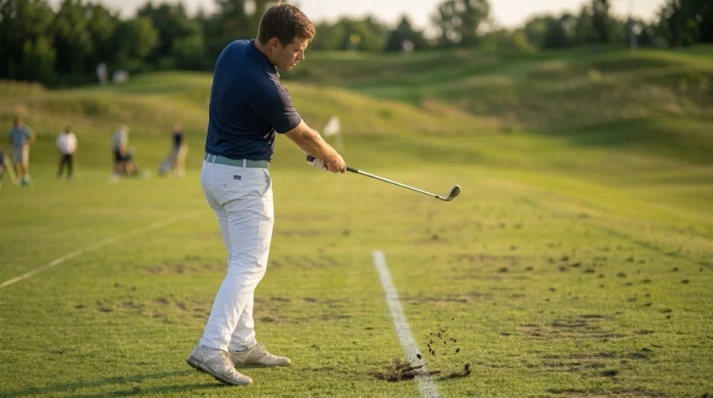 Impact drills progress shown by forward divots, centered iron contact, and a balanced golf finish.