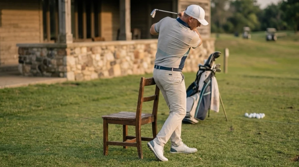Golfer using a chair drill to improve hip depth and reduce Early Extension