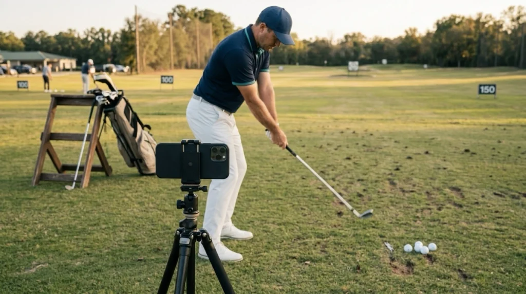 Golfer records a face-on swing video to identify casting and early wrist release.