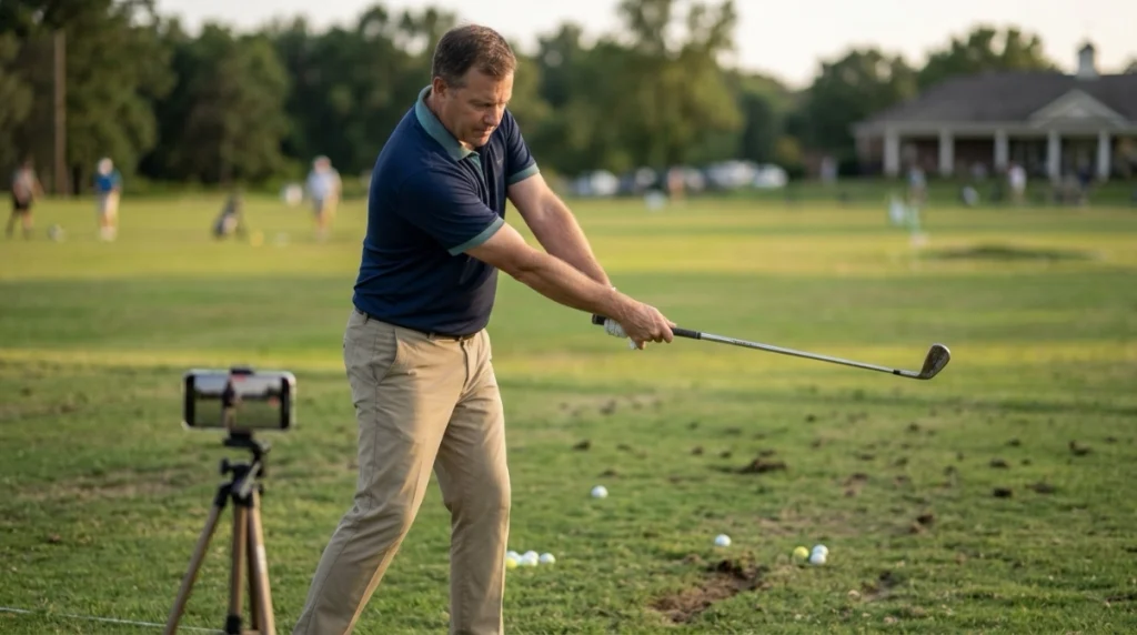 Chicken Wing Fix golfer practicing a split-hand drill while recording the swing on video