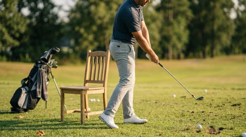 Golfer using a chair rehearsal to correct early extension and maintain hip depth in the downswing.