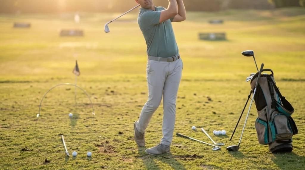 Golfer practicing finish positions for driver, iron, wedge, and punch shots.