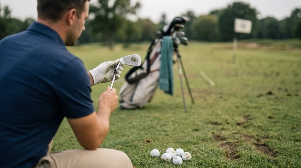 Golfer inspects iron strike marks and divots while diagnosing a push shot