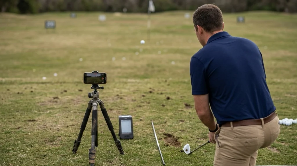 Golfer diagnosing a pull shot with phone video, divot pattern, impact mark, and launch monitor
