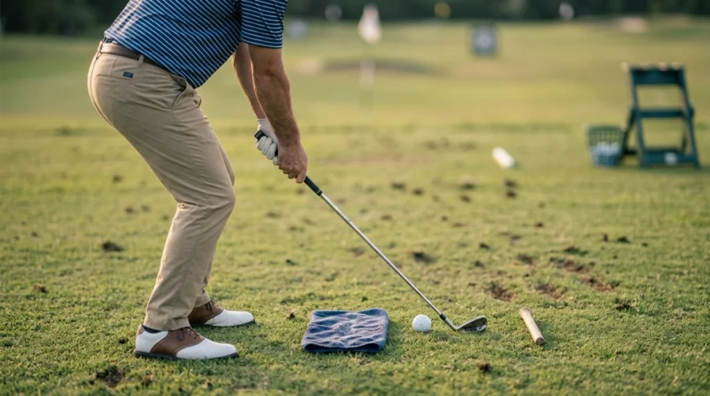 Golfer practicing thin shot drills with a ground line, towel, and forward tee