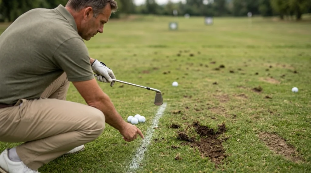 Golfer checking a turf line and divot to diagnose a fat shot