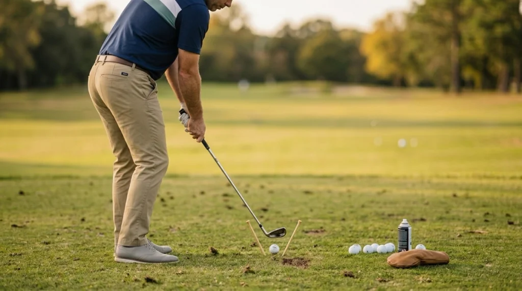 Shank Explained golfer using a two-tee gate drill to improve centered iron contact