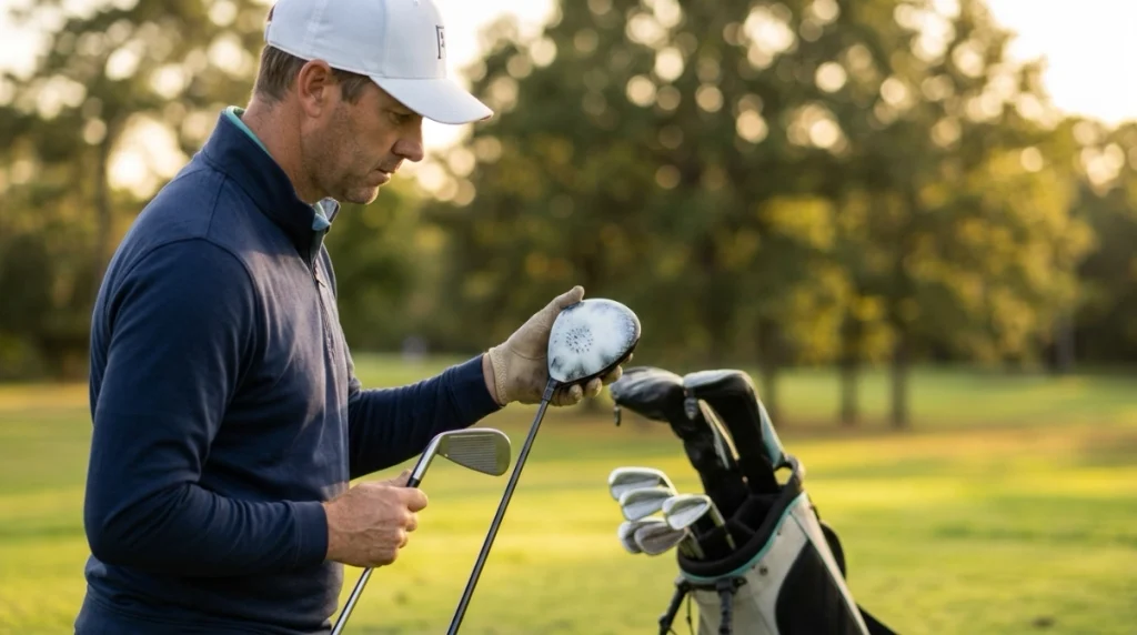 Golfer inspecting low driver-face contact while comparing low ball flight causes with an iron.