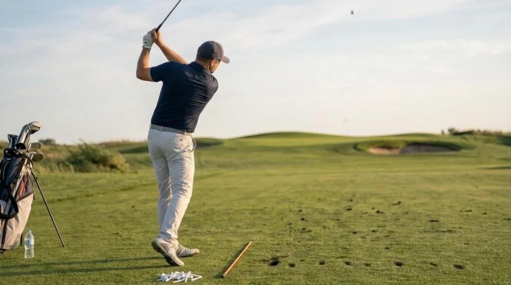 Golfer practicing high ball flight with an iron and slightly forward ball position