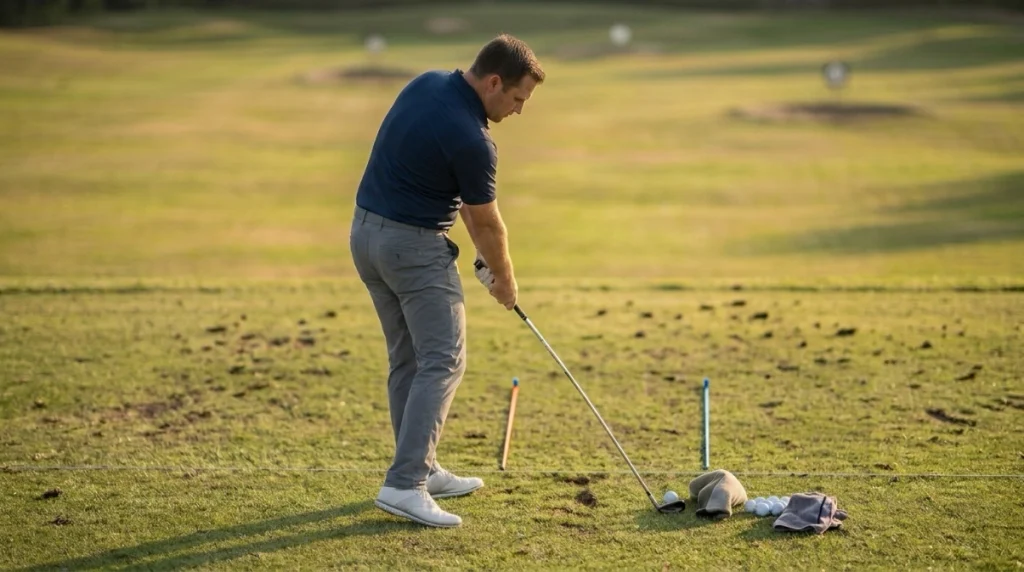Golfer using swing drills with a headcover path gate to work on slice control