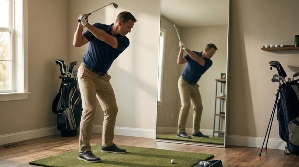 Golfer practicing safe mirror drills with slow swing rehearsal and ample mirror clearance