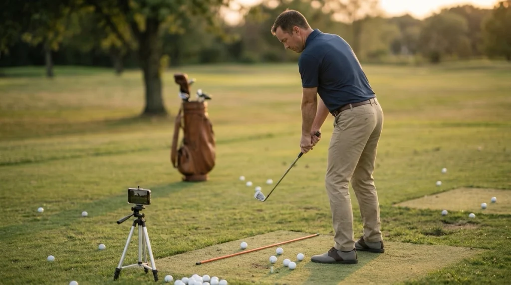 Golfer using Slow Motion Practice with short iron, practice balls and swing video setup
