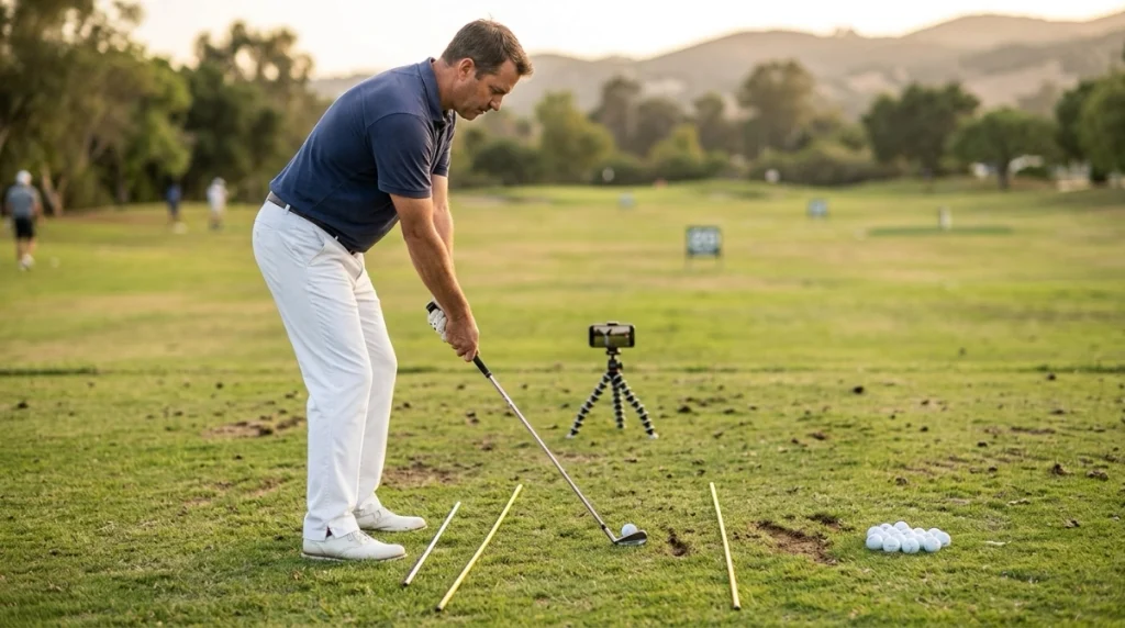 Golfer practicing alignment stick drills through a swing-path channel while recording video down the line.