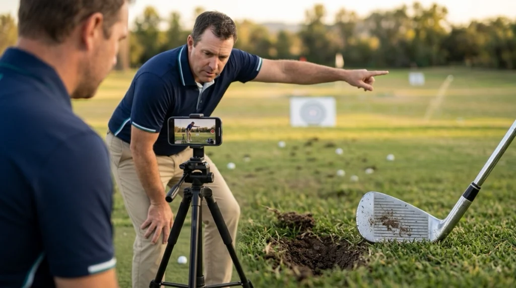 Golfer reviewing swing video beside an iron divot and clubface strike mark at the range