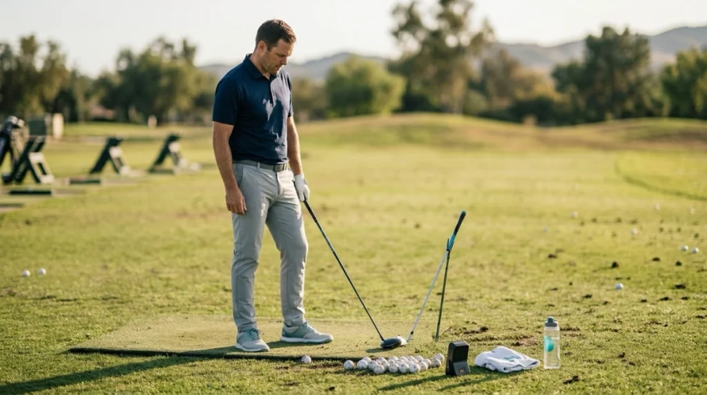 Golfer completing a swing speed training workout with driver, speed trainer, radar, and range balls.