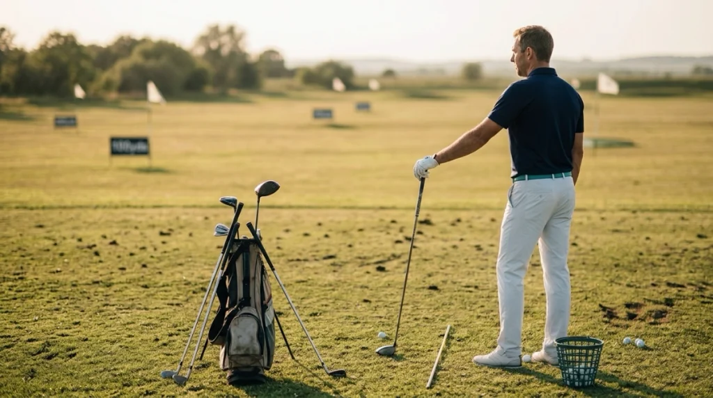 Golfer using target-based random practice with several clubs to improve golf consistency